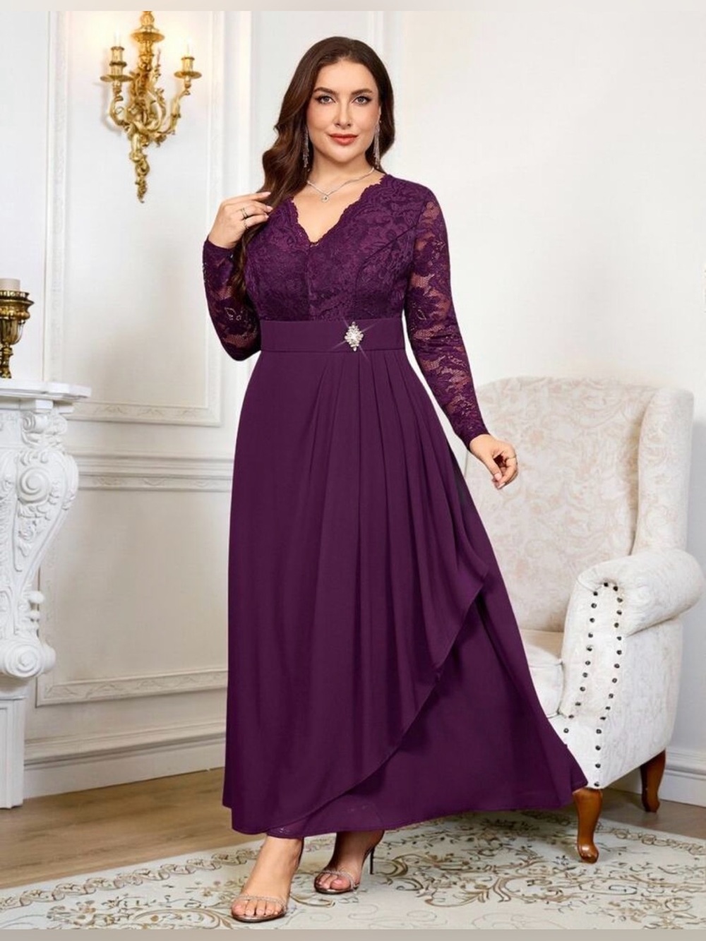 SHEIN Plum Lace Long Sleeve A-Line Evening Gown